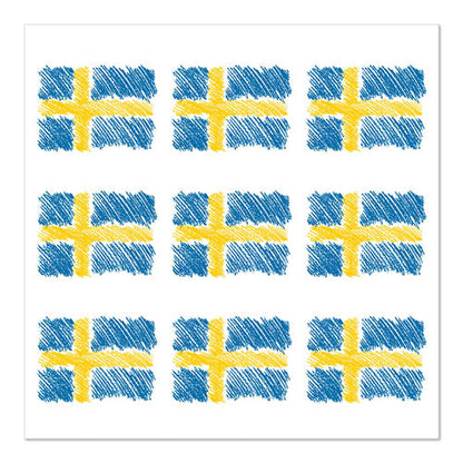 Nine hand-drawn Swedish flags in a 3x3 grid on white, each with a yellow cross on blue and sketchy texture. Ideal for the 20 napkins design set 1 by PAPSTAR GmbH, 33x33 cm, 3-ply, 1/4-fold.