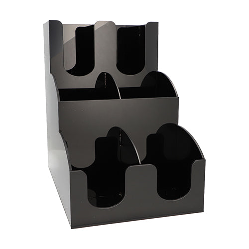 Der Starpak Spender für Trinkbecher und Deckel "To Go" (Karton, 1 Stück) ist ein schwarzer Acryl-Displayständer mit sechs Fächern und offenen Fronten für einen einfachen Zugriff - ideal für die Organisation von Bechern und Deckeln in der Gastronomie.