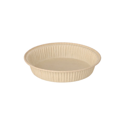 A round, plain beige PAPSTAR 50 baking molds "pure" brown disposable paper tray from PAPSTAR GmbH with wavy sides and a smooth edge, photographed on a white background.