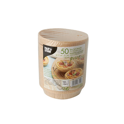 A stack of 50 PAPSTAR "pure" brown baking molds (11 cm diameter, 2.1 cm high) from PAPSTAR GmbH, in a plastic package with a label featuring images of baked goods and product information.