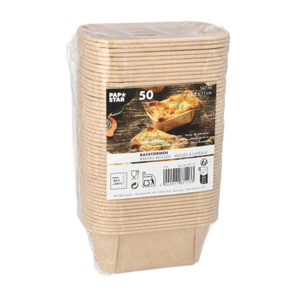 A pack of 50 PAPSTAR baking molds "pure" rectangular, 4x6.5x11 cm in brown, made of paper and packed in shrink wrap. Ideal as leak-proof baking molds. Label with bakery product images and PAPSTAR GmbH branding.