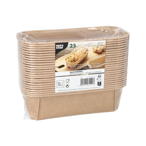 A package of 25 PAPSTAR baking molds "pure" rectangular brown by PAPSTAR GmbH made of eco-friendly brown paper is wrapped in foil and comes with a label featuring product details, a picture of a small loaf, and a barcode.