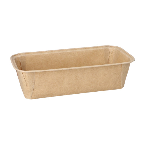 The PAPSTAR 25 baking molds "pure" rectangular brown by PAPSTAR GmbH are eco-friendly, rectangular paper baking molds with slightly angled sides and rounded corners - presented against a white background.
