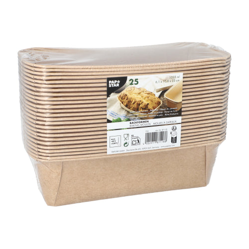 A stack of PAPSTAR 25 baking molds "pure" rectangular brown by PAPSTAR GmbH, packed in clear plastic wrap. The label shows product details and an illustration of the baked goods.