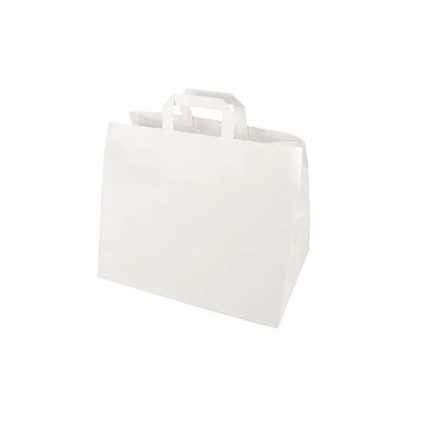 The PAPSTAR 50 carrier bags of PAPSTAR GmbH are eco-friendly white paper carrier bags with flat handles and rectangular sides - ideal for carrying items.