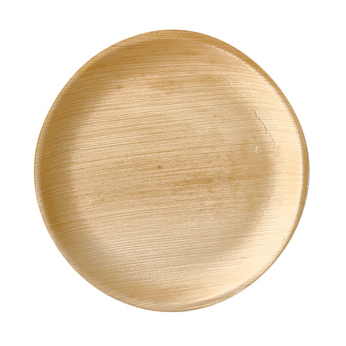 The PAPSTAR 25 plates "pure" round from PAPSTAR GmbH is a round, light brown palm leaf disposable tableware with a smooth surface and natural grain - biodegradable, environmentally friendly, and ideal for sustainable occasions.