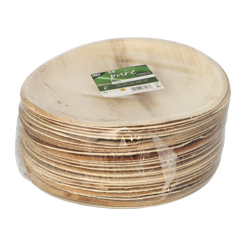 A stack of round PAPSTAR 25 plates palm leaf "pure" from PAPSTAR GmbH, wrapped in foil with a green-white label - ideal as biodegradable, environmentally friendly disposable tableware.