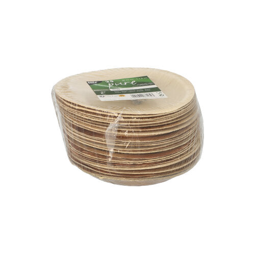 A stack of PAPSTAR 25 plates, palm leaf "pure" round from PAPSTAR GmbH, environmentally friendly disposable tableware, wrapped in clear foil. The plates are light brown and natural with a green-white label on top.