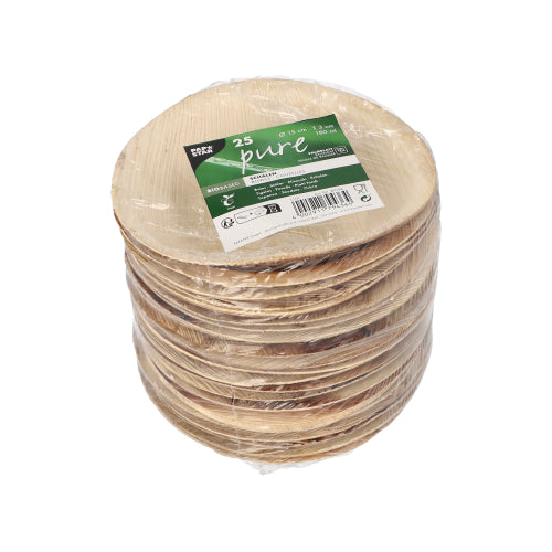 25 round disposable bowls made of palm leaf from PAPSTAR GmbH, "pure" series, environmentally friendly packaged in clear foil with green-white label - ideal for sustainable events.