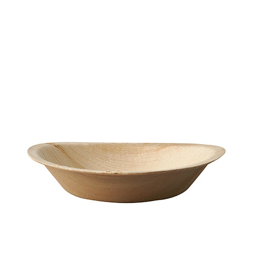 The PAPSTAR 25 palm leaf bowls "pure" round from PAPSTAR GmbH are light brown, round bowls made of natural palm leaf. They are ideal as eco-friendly disposable bowls for sustainable events and feature slightly curved sides and a smooth rim.