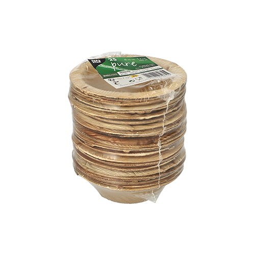25 round palm leaf bowls from the brand PAPSTAR GmbH, "pure" series, in eco-friendly clear packaging with a green-white label – perfect for sustainable events.