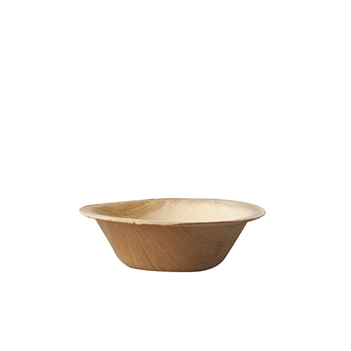 The PAPSTAR 25 palm leaf bowls "pure" round from PAPSTAR GmbH is a small, round, eco-friendly bowl, ideal as an eco-friendly disposable bowl alternative for sustainable events, photographed on a plain white background.
