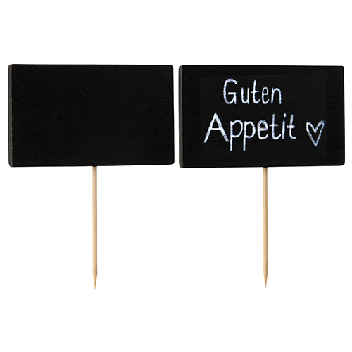 Two small boards on PAPSTAR 100 finger food picks from PAPSTAR GmbH made of bamboo: one blank, the other labeled with "Guten Appetit" and a heart in white.