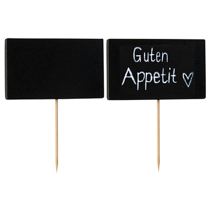 Two small boards on PAPSTAR 100 finger food picks from PAPSTAR GmbH made of bamboo: one blank, the other labeled with "Guten Appetit" and a heart in white.