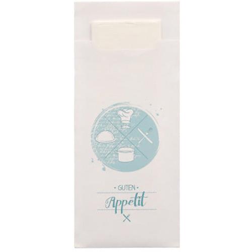 The white cutlery pouches "PAPSTAR 520" (20x8.5cm) from PAPSTAR GmbH are made of high-quality material, with a matching 2-ply napkin (33x33cm) and blue motif including a chef's hat, bread, pot, cutlery, and the inscription "Guten Appetit".