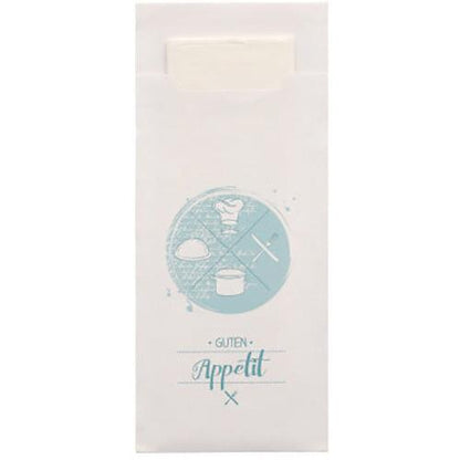 The white cutlery pouches "PAPSTAR 520" (20x8.5cm) from PAPSTAR GmbH are made of high-quality material, with a matching 2-ply napkin (33x33cm) and blue motif including a chef's hat, bread, pot, cutlery, and the inscription "Guten Appetit".