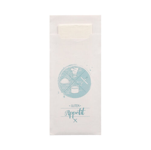 The 520 cutlery pouches (20 x 8.5 cm) from PAPSTAR GmbH are delivered with a matching 2-ply napkin (33 x 33 cm). The white cover features a light blue, circular motif with food and cutlery as well as the inscription "Guten Appetit", with the napkin partially visible inside.