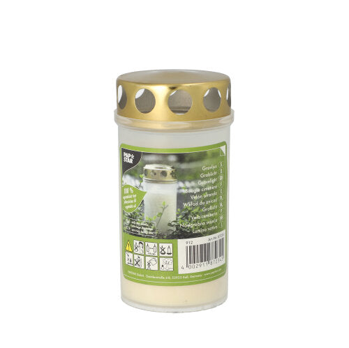 The PAPSTAR oil light T3 (1 piece) from PAPSTAR GmbH is a white candle made of 100% vegetable fat in a clear container with a golden perforated lid and multilingual label - perfect for memorial services and eco-friendly outdoor lighting.