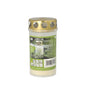 The PAPSTAR oil light T3 (1 piece) from PAPSTAR GmbH is a white candle made of 100% vegetable fat in a clear container with a golden perforated lid and multilingual label - perfect for memorial services and eco-friendly outdoor lighting.