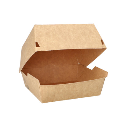The PAPSTAR 80 burger boxes of PAPSTAR GmbH are brown cardboard containers ("100% Fair"), depicted open and empty on a white background - perfect for eco-restaurants looking for sustainable burger boxes.
