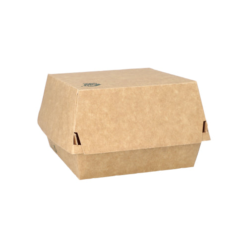 Depicted is a brown PAPSTAR 80 burger box "100% Fair" made of cardboard from PAPSTAR GmbH, closed with a flip-top lid and angled sides, perfect as a sustainable option for eco-friendly catering businesses.