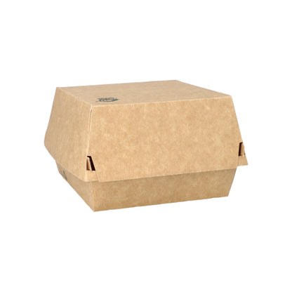 Depicted is a brown PAPSTAR 80 burger box "100% Fair" made of cardboard from PAPSTAR GmbH, closed with a flip-top lid and angled sides, perfect as a sustainable option for eco-friendly catering businesses.