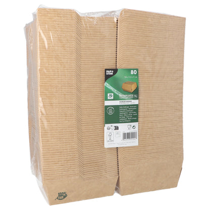 A pack of 80 PAPSTAR 100% Fair burger boxes, wrapped in foil, brown food containers made of cardboard with a green-white label; these eco-friendly boxes from PAPSTAR GmbH are plant-based and environmentally friendly.