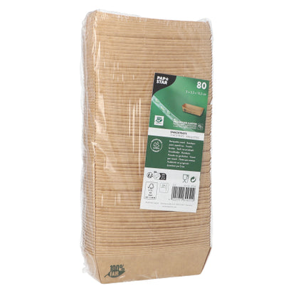 A sealed pack of 80 PAPSTAR snack trays, cardboard "pure" brown "100% Fair", each 23 x 15.5 cm, from PAPSTAR GmbH, is provided with a green-white label with product information and recycling symbols.