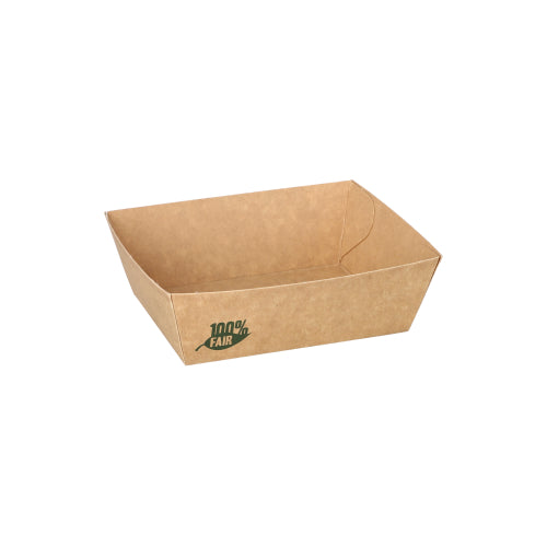 A rectangular, environmentally friendly food tray made of brown paper from PAPSTAR GmbH "80 snack trays, cardboard pure brown 100% Fair", with slightly angled sides and the green inscription "100% Fair" at one corner, depicted on a plain white background.