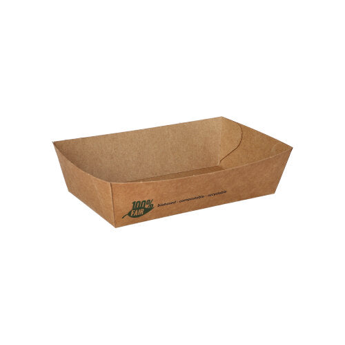 The PAPSTAR 80 snack bowls "pure" brown "100% Fair" from PAPSTAR GmbH are rectangular, have slightly angled sides, and a print at one corner indicating they are environmentally friendly, biodegradable, compostable, and recyclable. Depicted on a white background.