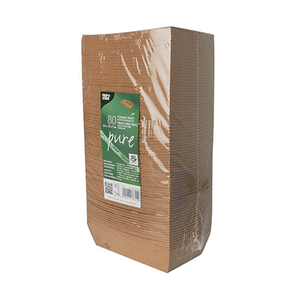 A plastic-wrapped stack of PAPSTAR 80 snack trays, brown cardboard with a green-white label with the inscription "pure" and "100% Fair" - ideal for environmentally friendly use and biodegradable, from PAPSTAR GmbH.