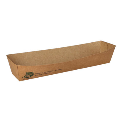 A rectangular, brown snack tray paper bowl from PAPSTAR GmbH "pure" made from 100% fair biodegradable cardboard with green text on one edge. The environmentally friendly bowl is empty and designed for serving food.