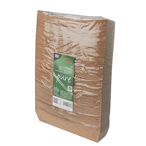 A sealed pack of 80 brown, rectangular PAPSTAR "pure" snack bowls made from biodegradable material with a green front label. The disposable plates are vertically stackable and marked with the "100% Fair" label from PAPSTAR GmbH.