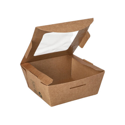 The 40 delicatessen boxes "pure" from PAPSTAR GmbH are rectangular brown cardboard boxes with a PLA window, depicted open and empty on a white background.