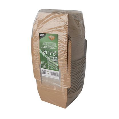 A stack of brown PAPSTAR 40 delicatessen boxes made of cardboard with a PLA window, wrapped in clear film and provided with a green-white label on the front that reads "100% Fair" and environmental information from PAPSTAR GmbH.