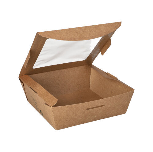 A brown, rectangular PAPSTAR delicatessen box square food container (650 ml) with a clear viewing window, partially open hinged lid, depicted on a white background. "100% Fair" | 40 pieces | Brand: PAPSTAR GmbH.