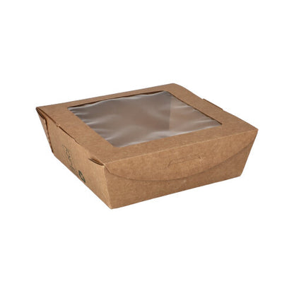 The PAPSTAR delicatessen boxes square, brown with viewing window, 650 ml, "100% Fair" (40 pieces) made from eco-friendly film by PAPSTAR GmbH are ideal as disposable packaging and are presented against a white background.
