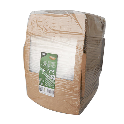 A large PAPSTAR 40 delicatessen boxes package made of brown paper, wrapped in transparent film with a green label, contains sustainable boxes with a viewing window made of PLA – ideal for environmentally conscious events. Manufactured by PAPSTAR GmbH from 100% fair materials.