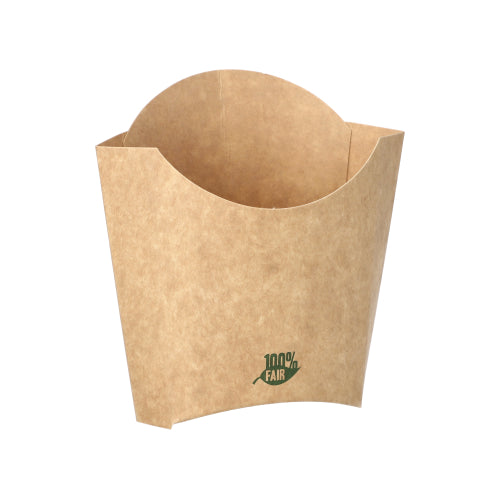 The PAPSTAR French fries scoop (11x11.5 cm) in brown, made from sustainable cardboard with "100% Fair" in green on the front, is perfect for fast-food restaurants. Pack of 80 pieces from PAPSTAR GmbH.