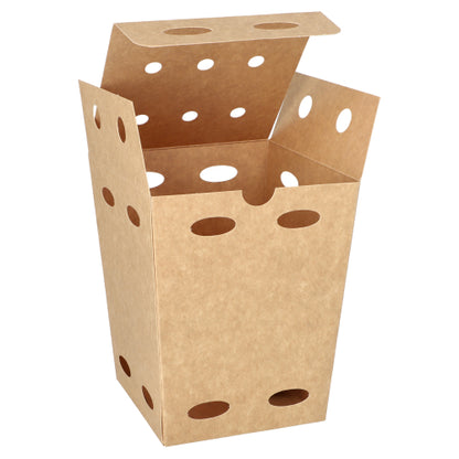The PAPSTAR 50 French fry boxes made of brown cardboard ("pure", 100% fair) are environmentally friendly, come from PAPSTAR GmbH, and have several round openings on the sides and lid; the carton is open with flaps folded up.