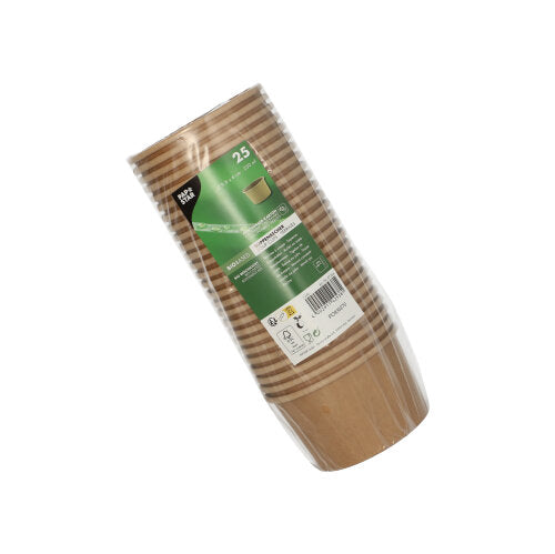 A stack of 25 brown PAPSTAR round soup cups (230 ml), ideal for soups and snacks, packed in plastic with a green-white label with product information and recycling symbols. Brand: PAPSTAR GmbH.