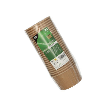 A stack of 25 brown PAPSTAR round soup cups (230 ml), ideal for soups and snacks, packed in plastic with a green-white label with product information and recycling symbols. Brand: PAPSTAR GmbH.