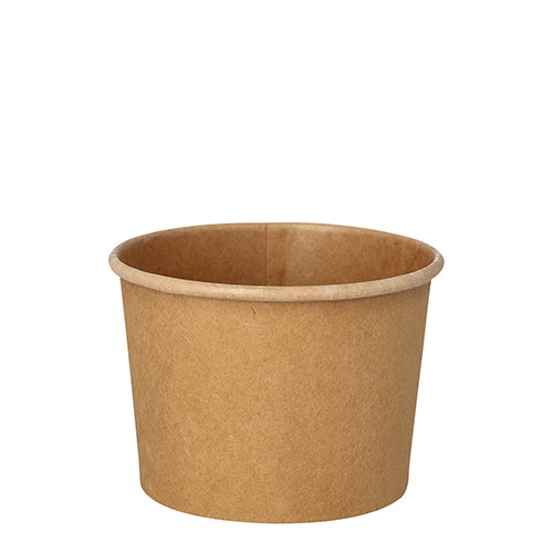 An eco-friendly, brown round soup cup from PAPSTAR GmbH (9.8 cm), ideal for soups and snacks, with a rolled rim. Package unit: 25 pieces. Photographed against a white background.