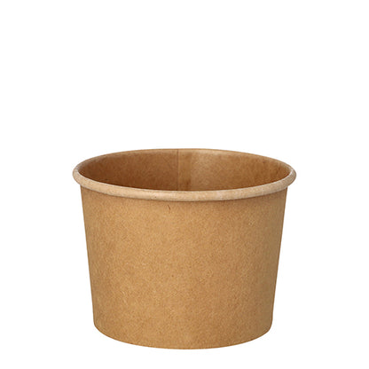 An eco-friendly, brown round soup cup from PAPSTAR GmbH (9.8 cm), ideal for soups and snacks, with a rolled rim. Package unit: 25 pieces. Photographed against a white background.