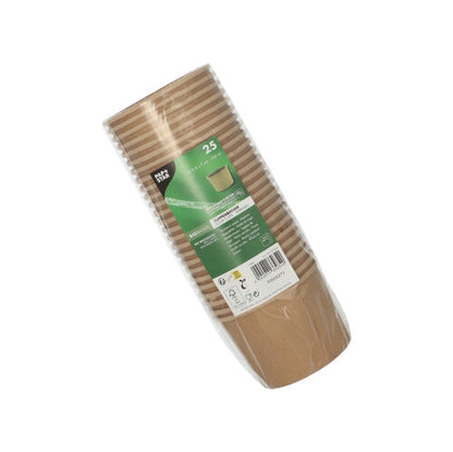 25 brown, ribbed PAPSTAR round soup cups (9.8 cm) from PAPSTAR GmbH in plastic packaging with a green label with quantity and recycling symbols - the ideal eco-friendly cups for soups and snacks.