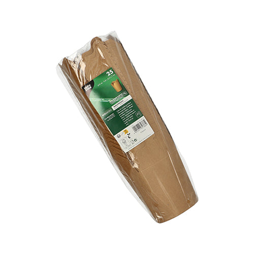 A sealed plastic package contains 25 PAPSTAR GmbH snack boxes, rectangular, brown, made of eco-friendly cardboard. Product information and branding are displayed on a green-white sticker.