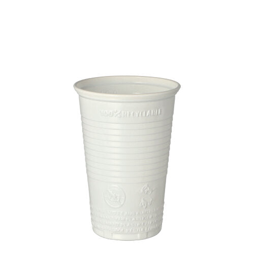A Starpak 25 drinking cup (PP, 0.2l, Ø 7.03cm, 9.9cm high) stands upright on a white background; the plain white cup has horizontal grooves and embossed text/recycling symbols - ideal for on the go.