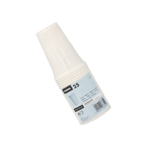 A pack of 25 Starpak drinking cups (PP, 0.2 l, Ø 7.03 cm x 9.9 cm) made of transparent plastic with a blue and white label and barcode, ideal for on the go, is depicted on a plain white background.