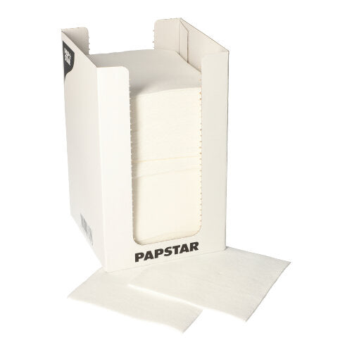 In a white dispenser box with the inscription "PAPSTAR GmbH" are 100 PAPSTAR napkins, 2-ply "PUNTO" 1/4-fold (20x20 cm), with two napkins partially pulled out lying flat in front of the box.