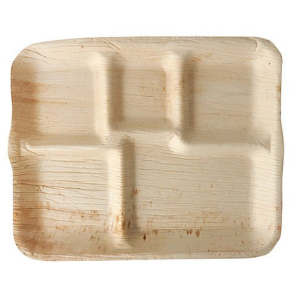 The PAPSTAR 6 plates palm leaf "pure" 5-divided from PAPSTAR GmbH is a beige, rectangular tray with five compartments, made from environmentally friendly, biodegradable palm leaf with natural brown markings on the surface.